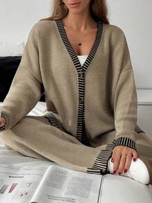 EURMUSE Two Pieces Sweater Set With Contrast Black Trim In Camel Knit Fabric Featuring V Neck Cardigan And Wide Leg Pants - Brown - View 5