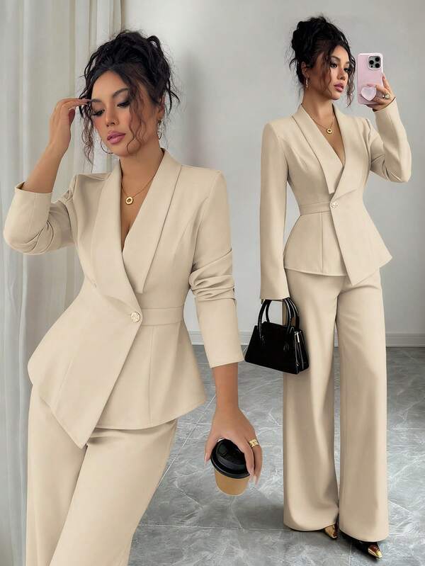 Elenzga Women's Suit Set, Suit Fabric, Lapel Collar, Long Sleeve, Waist Cinched A-Line Asymmetric Hem, Metal Button Decor, Sophisticated & Elegant For Office, Commute, Street Style, French Romantic, Casual, Middle Eastern Vintage, Afternoon Tea, Party, Thanksgiving, Back To School, Spring/Autumn/Winter