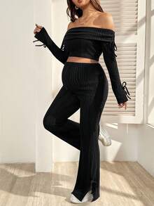 SHEIN Maternity Clothes Maternity Co Ord Set  Spring And Summer  Pregnant Clothes Black Maternity Set: Off-The-Shoulder Top + Flared Pants With Slits, Comfortable And Casual - Black - View 3