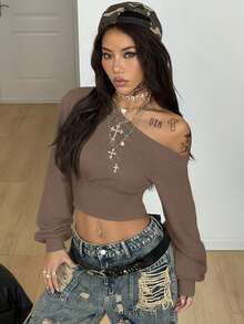 Coolane Women's Fall/Winter Streetwear Going Out Basic Off Shoulder Crop Long Sleeve Brown Sweatshirt - Brown - View 5