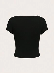 SHEIN EZwear 休闲简约圆领插肩袖黑色修身女式T恤，适合夏季穿着