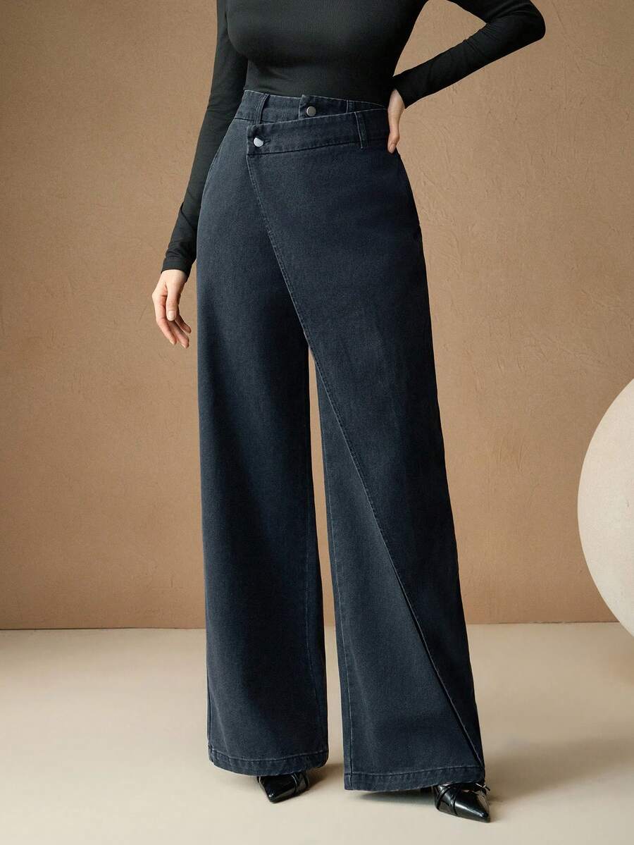 Anewsta Petite Women's Fashion Patchwork Design Valentine's Day Black Straight Leg Jeans - Black - View 1