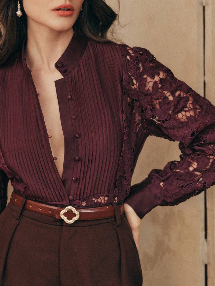 Unique Elegant Embroidered Lace Hollow Out Elegant Women Long Sleeve Blouse, Suitable For Vacation, Carnival Costumes, Casual Wear, Valentine's Day