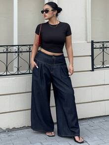 Dazy Plus Quần jean denim ống rộng dáng rộng màu tối, dáng rộng, thanh lịch, thường ngày, phù hợp cho mọi mùa - Rửa tối - Xem 4