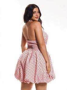 Solavibe Women's Plus Size Polka Dot Print Halter Tie Back Backless Dress,Pastel Pink,Summer,1920s Flapper,70's,Party Vintage Babydoll Skater Tea Party Dress - Pink - View 3
