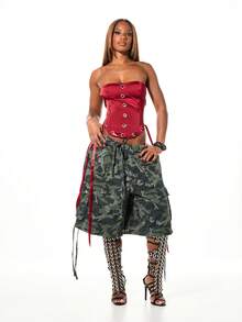 SUMWON WOMEN Áo corset bandeau bằng vải satin có chi tiết ren kim loại, không dây, phong cách dự tiệc tối - Đỏ - Xem 5