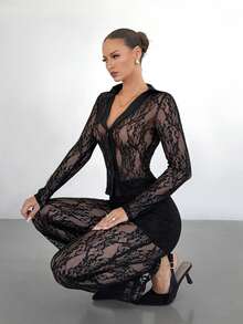 Siren Gaze Black Lace Long Sleeve Shirt And Straight Leg Pants Set, Elegant Women's Lace 2 Pieces Outfit Lace Outfit Women Lace 2 Piece Set Elegant 2 Piece Set - Black - View 3