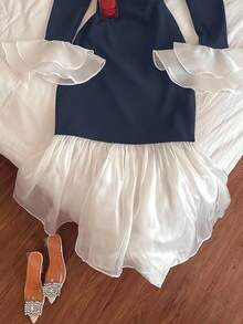 INAWLY Plus Size Color Block Mesh Patchwork Fitted Elegant Long Sleeve Dress - Navy Blue - View 3
