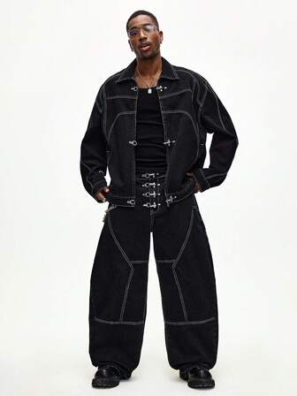 Street Life Men's Long Sleeve Metal Snap Design Casual Loose Denim Jacket