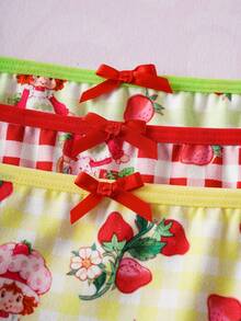 Strawberry Shortcake X SHEIN 3pcs Women's Cute Cartoon Character, Strawberry Plaid Print, Bow Decor, Lace Trim Comfortable Panties Set - Multicolor - View 4