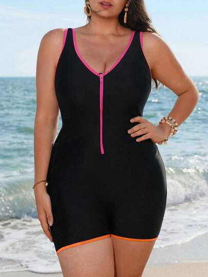 Swim Lushoire ملابس نسائية كاجوال للشاطئ/المسبح/التزلج على الأمواج من قماش ذو لون واحد مع سحاب ملون للمقاسات الكبيرة