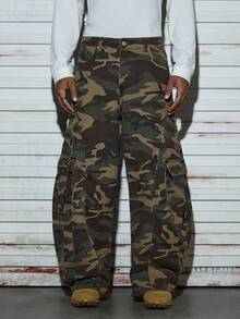 Modcrash 1 pieza Pantalón cargo de mezclilla lavada con diseño de patchwork estilo retro estadounidense de Justice Brother, pantalón casual de pierna ancha y corte holgado (cinturón y accesorios no incluidos)