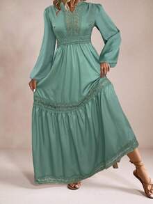 Freevana Plus Size Solid Color Lace Patchwork Ruffle Hem Long Sleeve Dress - Green - View 4