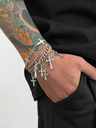 Goth Set de 5 pulseras de cruz punk, accesorios de metal de hip hop personalizados para hombres, adecuados para uso diario, fiestas y regalos festivos