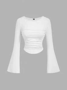 SHEIN MOD 3 chiếc áo thun nữ cổ tròn tay chuông màu trơn thời trang xếp ly - Màu Hồng  San hô - Xem 10
