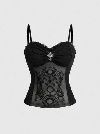 Goth Canotta aderente con stampa gotica a croce, luna e stelle, in pizzo e patchwork, top canottiera e canotta taglie forti