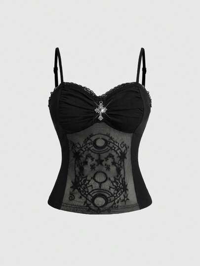 ROMWE Gothic Cross Pendant Romantic Lace Patchwork Sun Moon Star Print Bodycon Tank Top, Plus Size Camisole And Tank Top