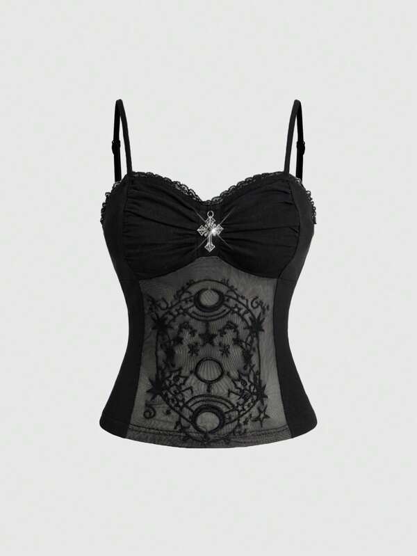 ROMWE Gothic Cross Pendant Romantic Lace Patchwork Sun Moon Star Print Bodycon Tank Top, Plus Size Camisole And Tank Top