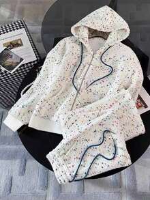 SHEIN All-Over Print Hooded Zip-Up Jacket And Drawstring Waist Long Pants Casual Suit - White - View 1