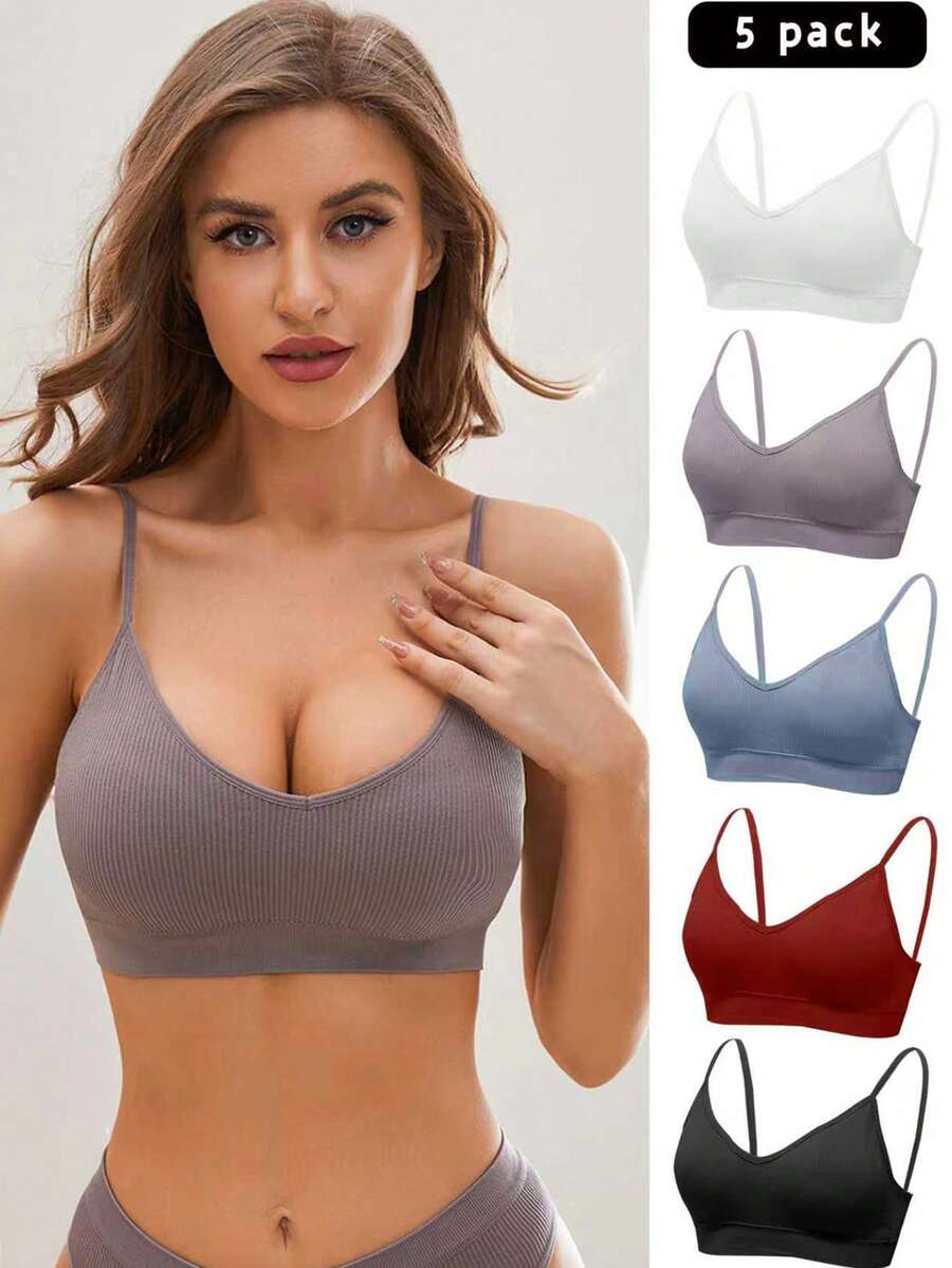 SHEIN 女士實色肋紋內衣胸罩（5件裝） - 彩色 - 查看 1
