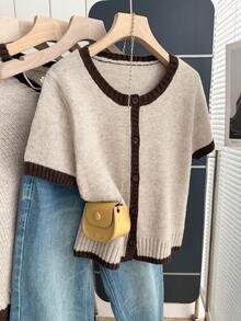 SHEIN Franclia Cardigã casual folgado de malha com gola redonda, mangas curtas, detalhe contrastante e frente aberta, para mulheres, ideal para primavera/outono. - Caqui - Ver 3