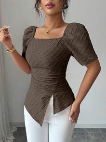 Elenzga 女士时尚优雅方领短袖收腰休闲粉色T恤上衣 - 棕色 - 查看 6