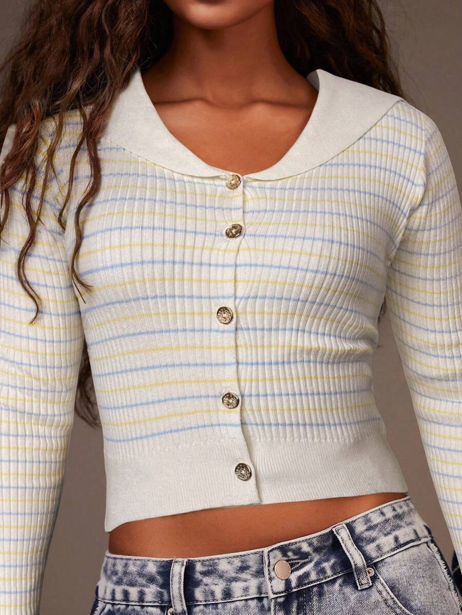 Athîral Women's Blue White Stripe Ribbed Knit Cardigan,Sailor Collar Long Sleeve Gold Button Slim Fit Sweater For Autumn,Smart Casual,School,Back-To-School - Cream - View 1