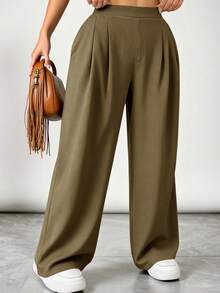 SHEIN VCAY 大码纯色褶裥口袋休闲阔腿裤 - 卡其色 - 查看 6
