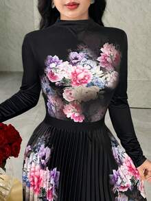 Modelyn 女士印花立领长袖上衣和百褶中长裙两件套 - 黑色 - 查看 5