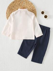 Cozy Pixies 2pcs Baby Boy Floral Print Mandarin Collar Long Sleeve Cardigan Shirt And Elastic Waist Pants Set - Blue and White - View 3