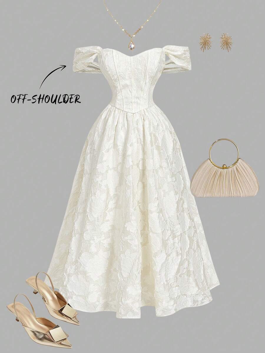 SHEIN MOD Váy họa tiết hở vai tay cánh bướm màu mơ cỡ lớn, thắt eo, khoét eo - Màu be - Xem 1