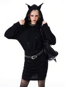 Bloopia 女士耳朵图案连帽针织卫衣迷你连衣裙 - 黑色 - 查看 1