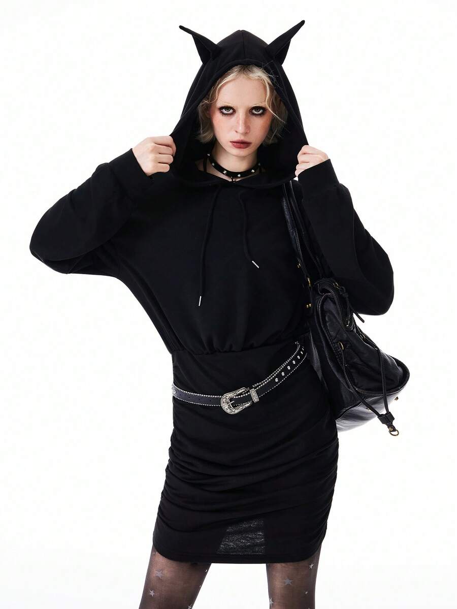 Bloopia 女士耳朵图案连帽针织卫衣迷你连衣裙 - 黑色 - 查看 1