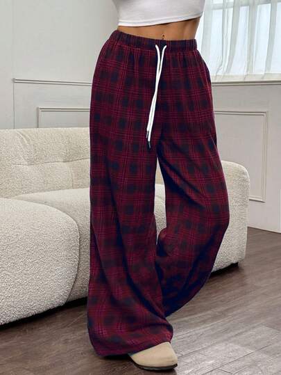 SHEIN Tall Women's Plaid Contrast Color Loose Wide Leg Pants, Suitable For Autumn/Winter Plaid Pants Comfy Pants Pajama Pants Checkered Pants Lounge Pants