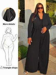 Truni Lacenleopard Plus Size Metal Chain Decor Short Suit Jacket, For Pear Triangle Body Shape - Black - View 1