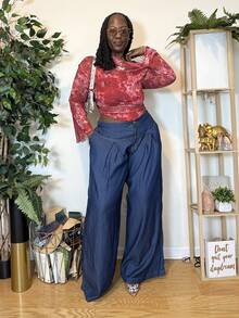Truni Plus Size Casual Fashionable And Versatile Loose Wide Leg Boyfriend Jeans, For Pear Triangle Body Shape - Blue - View 6