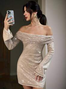 Firerie Women's Champagne Gold Sequin Off Shoulder Flare Sleeve Mini Dress,70s Shiny Mesh Party Dress For Night Out,Autumn Wedding Birthday Holiday - Apricot - View 3