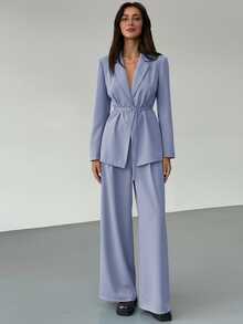 Aloruh Women's Simple Solid Color Lapel Collar Belted Blazer And Wide Leg Pants Suit Set, Suitable For Work And Commute, Spring/Autumn - Baby Blue - View 3