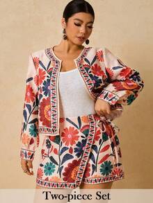 Travachic Conjunto de 2 peças de jaqueta e saia-calça plus size feminina com estampa floral damasco, roupa romântica para encontros de outono/inverno - Damasco - Ver 1