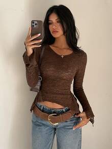 Sunnyshic 女士咖啡色针织波西米亚复古不对称下摆长袖T恤 - 咖啡棕 - 查看 6
