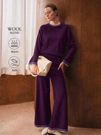 MOTF PREMIUM CHIC 2 PIECES KNIT SET: CONTRAST TRIM CREW NECK SWEATER AND WIDE LEG PANTS WITH CONTRAST HEM, AUTUMN/WINTER
