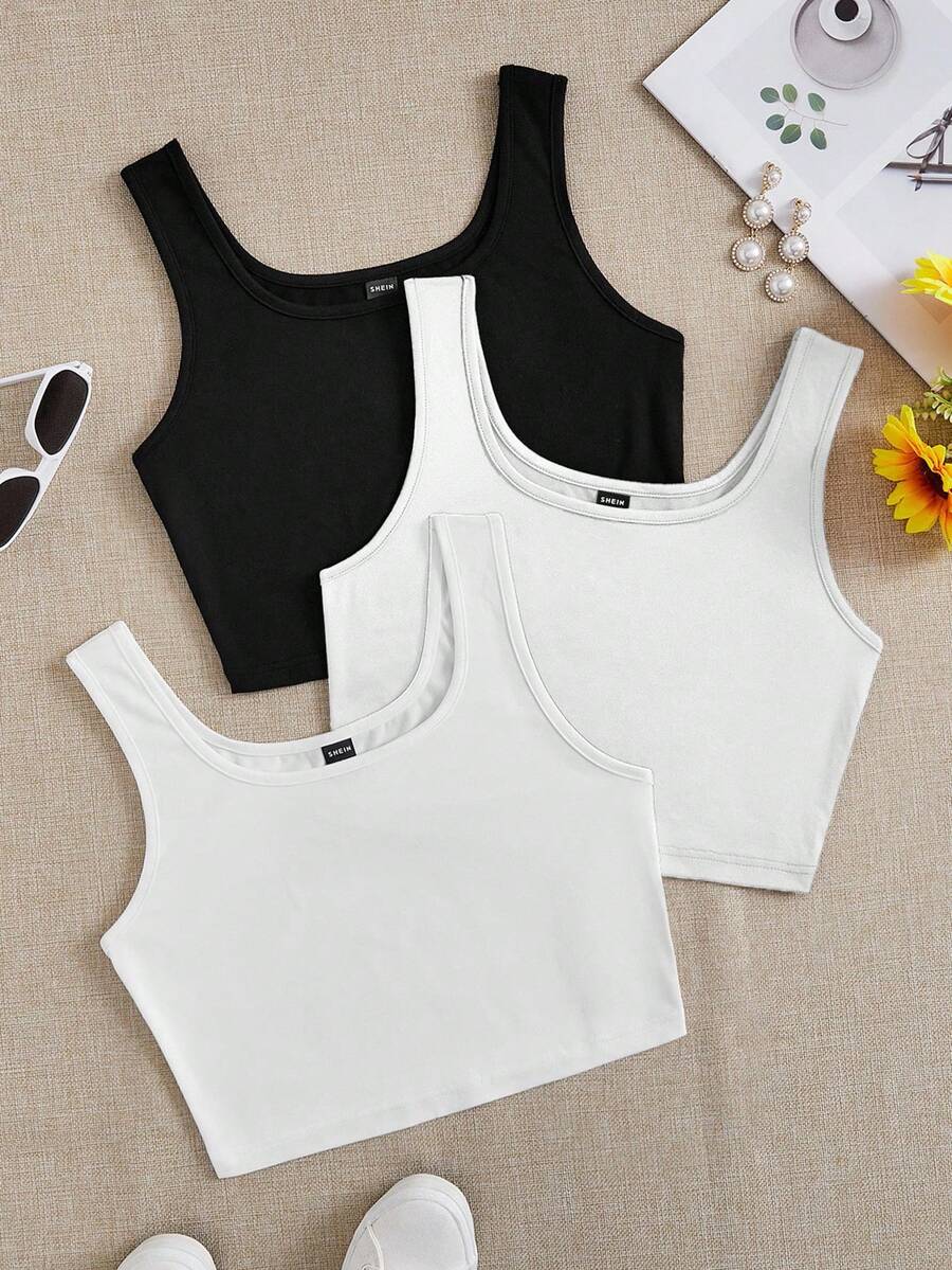 SHEIN EZwear 3件套女士黑白短款紧身休闲吊带背心套装 - 彩色 - 查看 1
