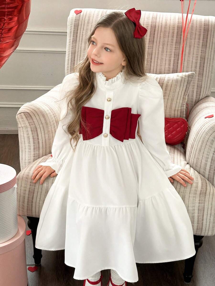 Elladie kids 女童白色长袖蕾丝撞色蝴蝶结腰部A字连衣裙 - 白色 - 查看 1
