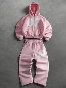 PAVTROS Men's Autumn/Winter Hoodie Set, Pink Set, Minimalist Numeric Print, Zip-Up Hoodie And Sweatpants Set With Pockets Pink Streetwear Designer Sweatsuit Jogging Suits Pink Two Pieces, Thermal Lined - Pink - View 1