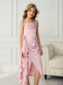Elegantes Blumenmädchen-Kleid für Abschluss, Hochzeit, Ball, geeignet für Halloween, Weihnachten, Shrimp-rosa Satin 3D Blumen Träger Midi-Kleid für Tween-Mädchen, modisches Prinzessinnen-Kleid mit offenem Schlitz und Volants für den Schulanfang - Pink - Übersicht 6