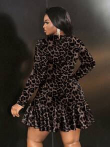 Veslaya Casual Leopard Print Round Neck Long Sleeve Waisted Plus Size Mini Dress, Suitable For Spring & Autumn Cheetah Print Fall - Multicolor - View 2