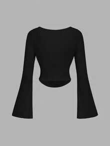 SHEIN MOD 3 chiếc áo thun nữ cổ tròn tay chuông màu trơn thời trang xếp ly - Màu Hồng  San hô - Xem 5