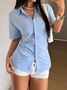 StreetHx 女士蓝色收腰Y2K潮人街头风2000年代风格休闲通勤短袖上衣 - 白色 - 查看 1