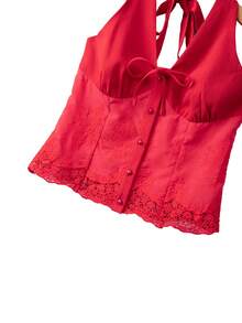 Franclia 女士优雅甜美法式红色露背系带蕾丝边饰上衣，春夏款 - 紅色 - 查看 5