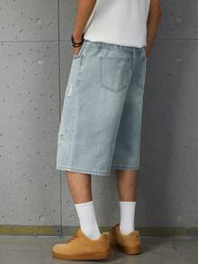 Teen Boys Wide Leg Denim Shorts, Vintage Light Blue Denim Single Piece, Spring/Summer New Arrival, Streetwear Campus Style, Outdoor Casual Fashion, Washed Comfortable Cotton Fabric, Versatile Minimalist Fashion Design, Distressed Ripped Loose Fit, Elastic Waistband, Campus Daily Party Outfit, Wardrobe Essential, Vacation Travel School Commute, New Arrival - Light Wash - View 3